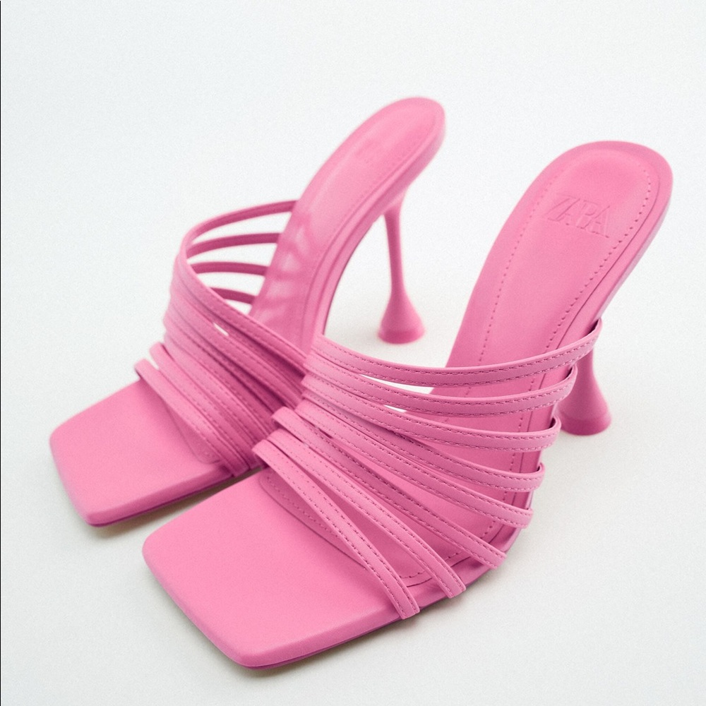 ZARA | Pink Square Toe Strappy Heels Mules